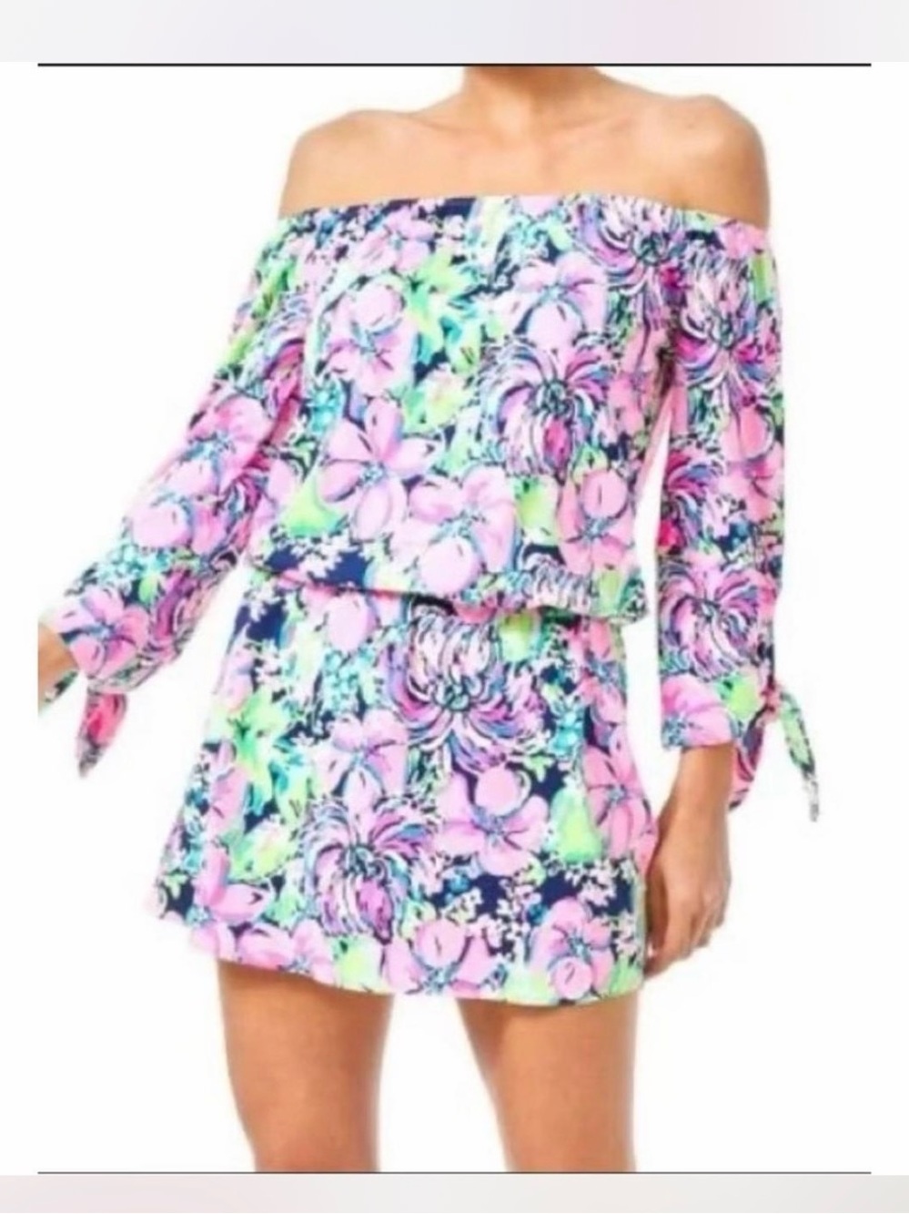Lilly Pulitzer Pink and Navy Floral Off-Shoulder Mini Dress